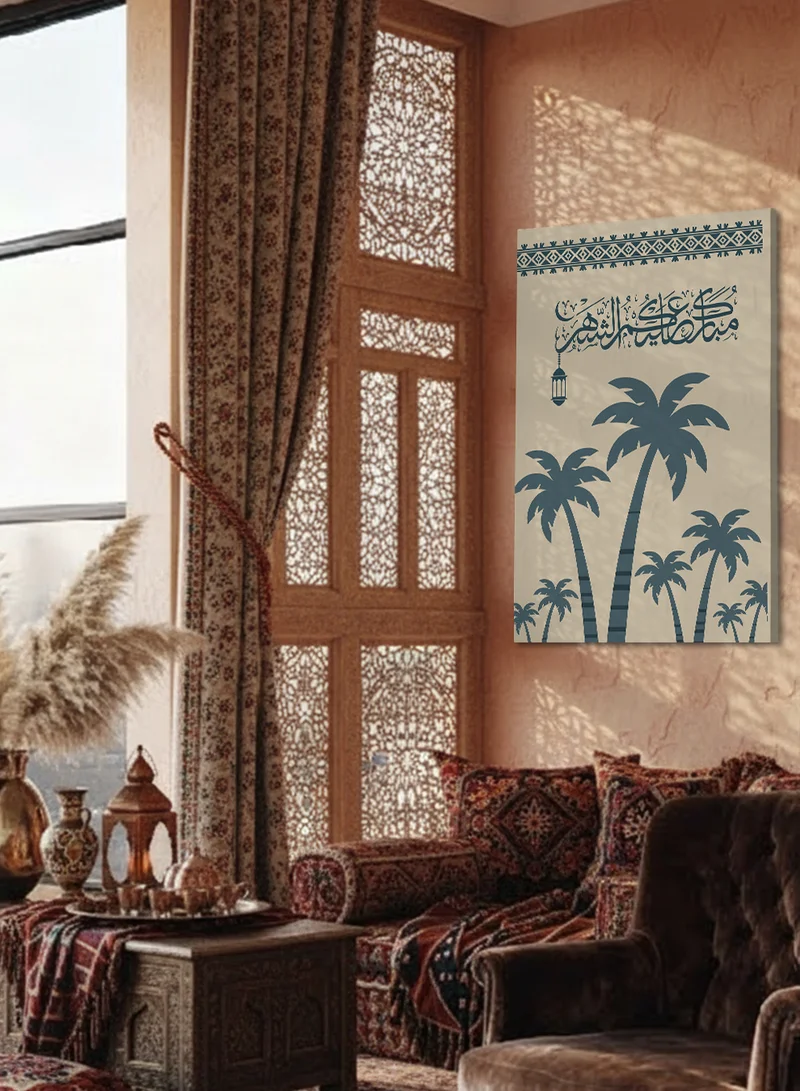 لوحة لوحة كانفاس على إطار خشبي بتصميم مبارك عليكم الشهر مع فانوس رمضان